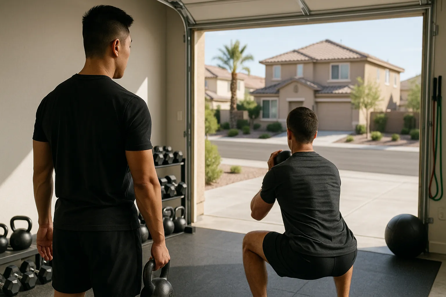Personal trainer observing client performing squat in home gym