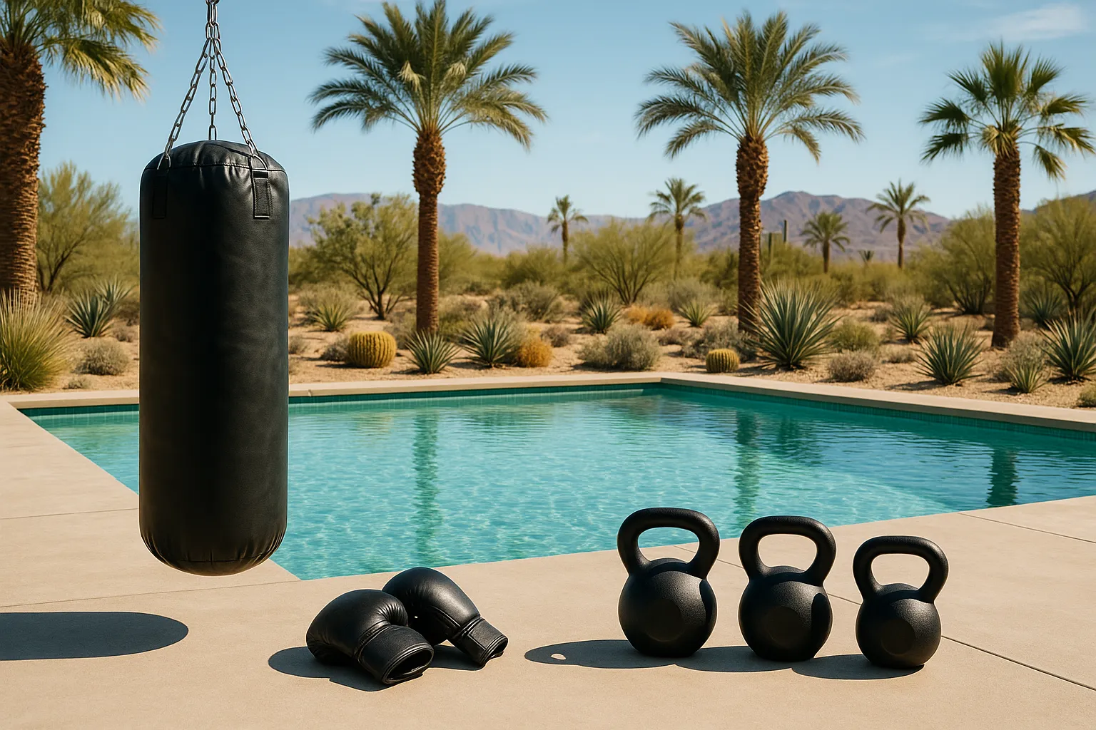 Personal training equipment by a pool in Las Vegas