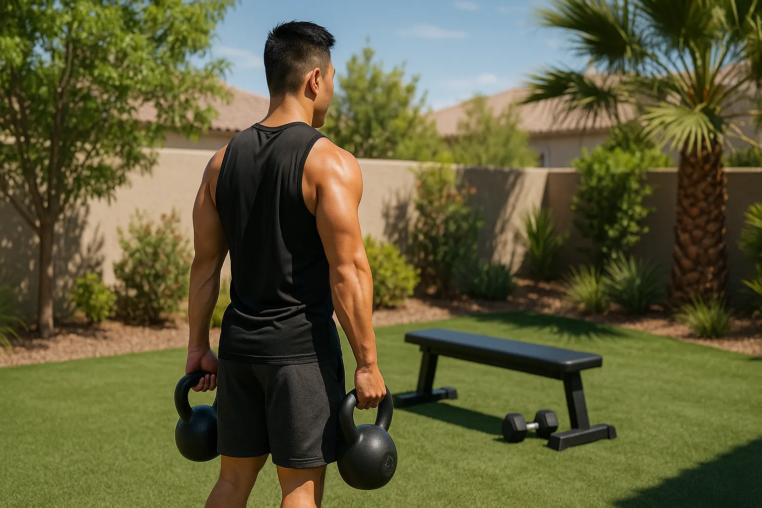 Personal trainer demonstrating kettlebell training outdoors