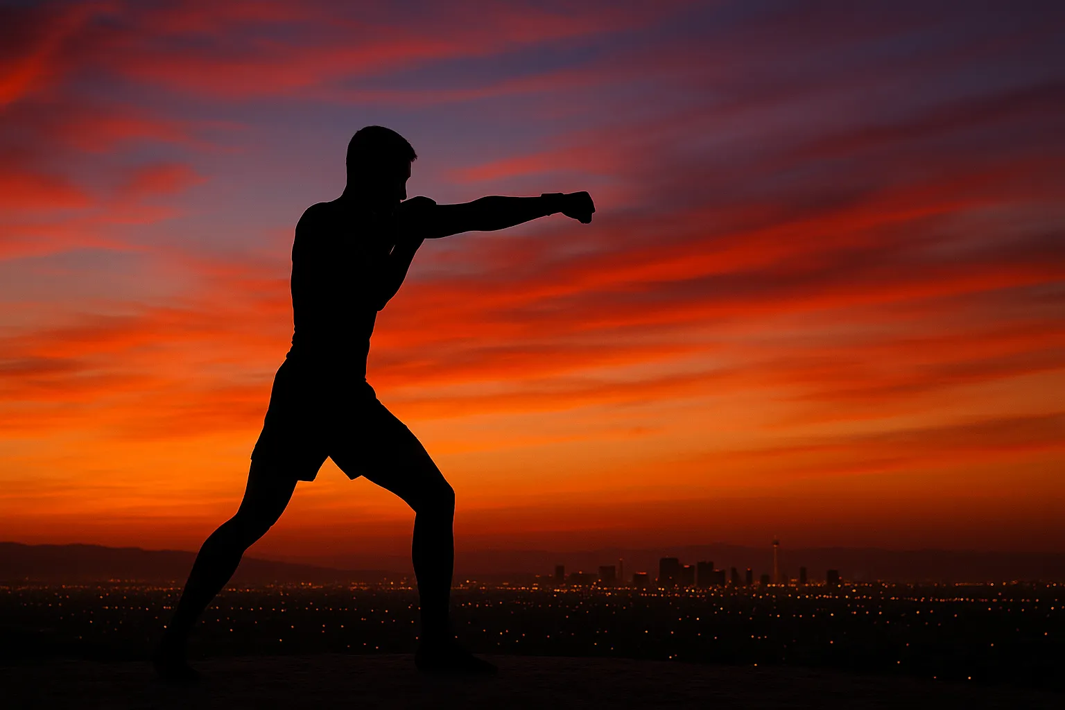 Silhouette of martial artist performing Muay Thai punch at sunset